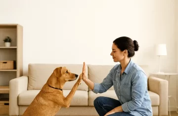 Clases de adiestramiento canino a domicilio en Ciudad Real. Mujer realizando adiestramiento con su perro en casa en Ciudad Real.
