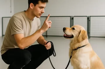 Adiestramiento individual en nuestro centro en Ciudad Real. Adiestrador enseñando obediencia a un perro en centro de adiestramiento en Ciudad Real.